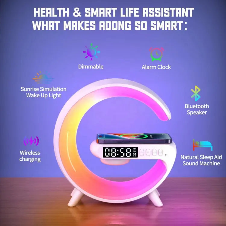 G500 G Shaped Lamp - Bluetooth Speaker For PC & Mobile - 15W Wireless Charger - Digital Alarm Clock - Mini Portable Speaker - Lamp For Bedroom Side Table & Study Table - Night Light - Show Piece For Room Decoration
