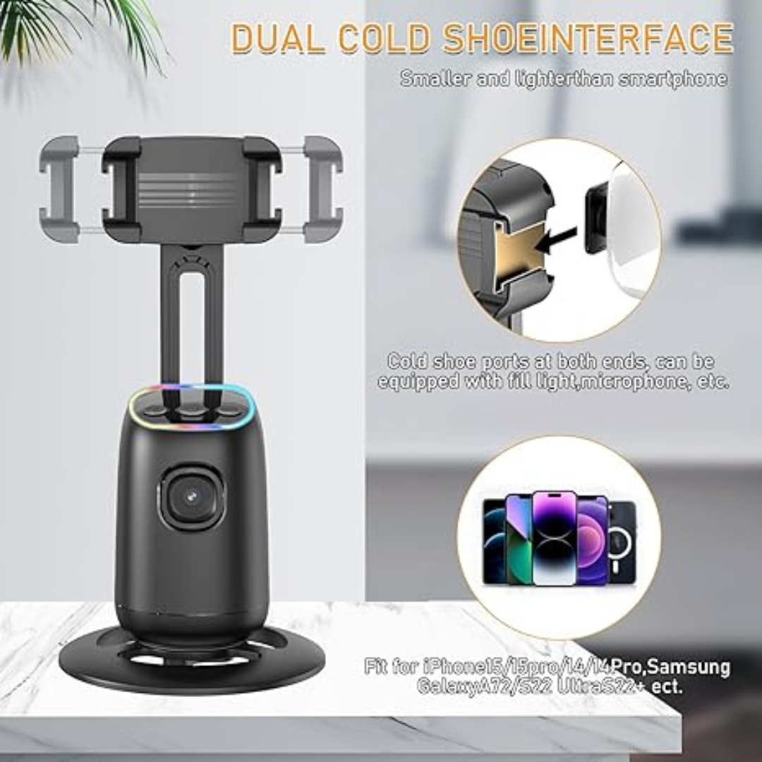 Auto Face Tracking Tripod, 360° Rotating Phone Holder, Camera Holder, Follow Your Movement, Perfect for TikTok, Facebook, YouTube, Video Recording