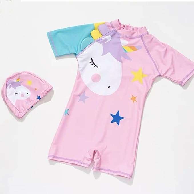 Baby & Sons Swimsuits for Kids | One Piece Children Swimwear Swimming Costumes for Girls and Boys | Boys and Girls Pool Clothes Beachwear Swimming Costume with Swim Cap (4-6 Years, Unicorn - Pink)