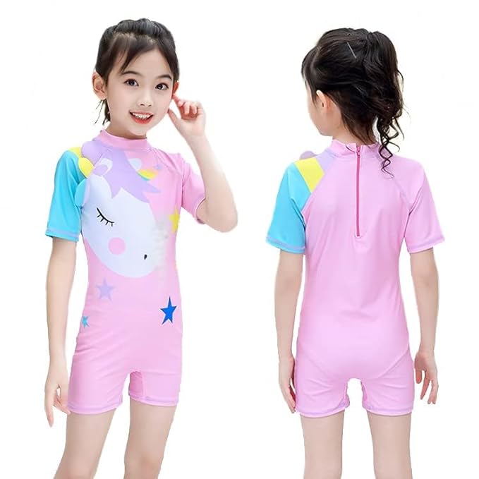 Baby & Sons Swimsuits for Kids | One Piece Children Swimwear Swimming Costumes for Girls and Boys | Boys and Girls Pool Clothes Beachwear Swimming Costume with Swim Cap (4-6 Years, Unicorn - Pink)