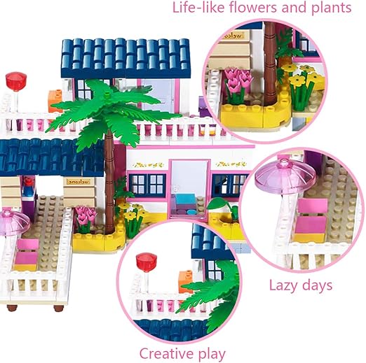 DEFICOSY Girls House Building Sets Seaside Villa Building Blocks Toys with Flowers, Trees and Plants, Friends Beach Hut Building Kit for Kids and Girls Aged 6 and up 360 Pieces