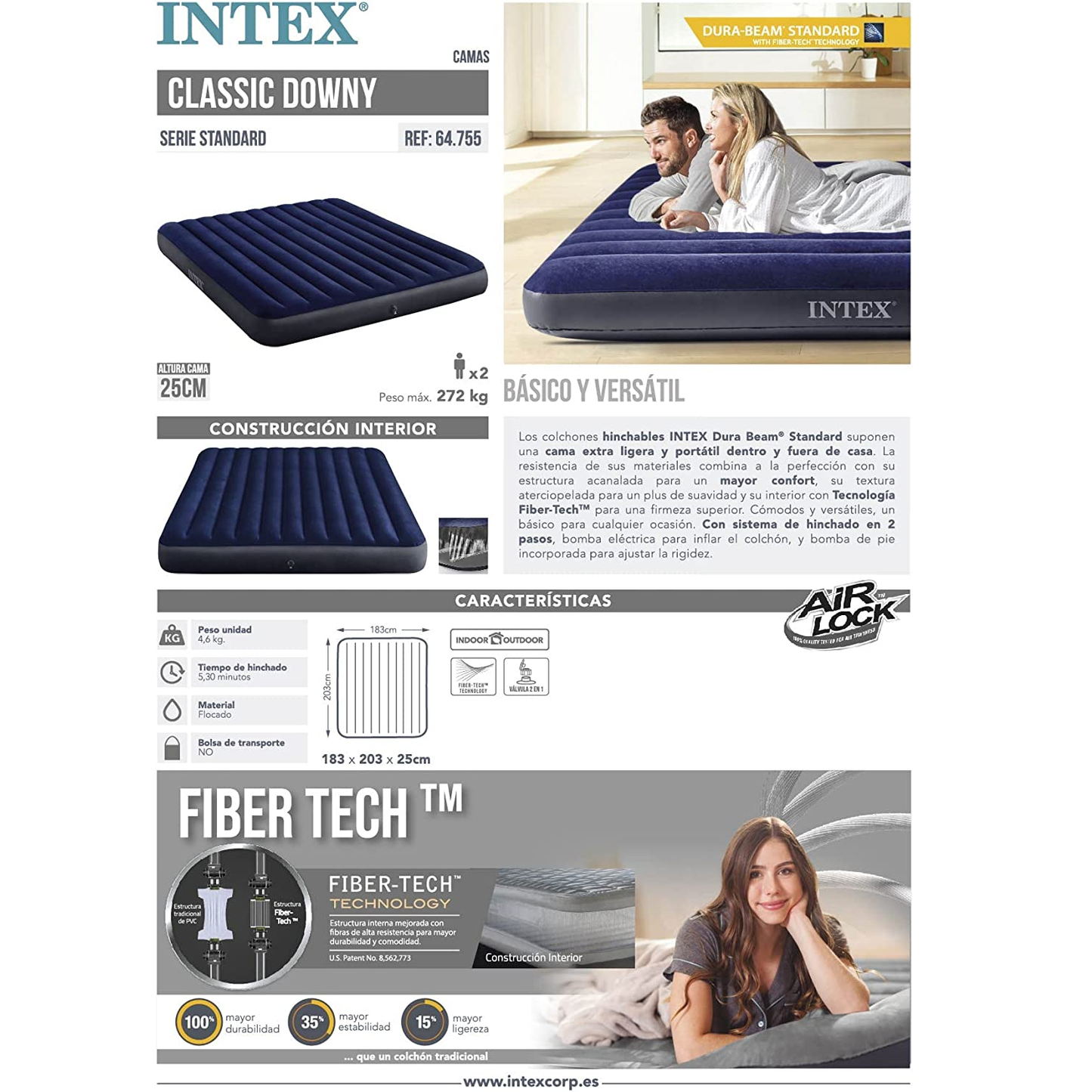 INTEX Air Bed ( 72"x80"x10" ) Classic Downy Airbed Dura Beam Standard With Fiber-Tech™️Technology