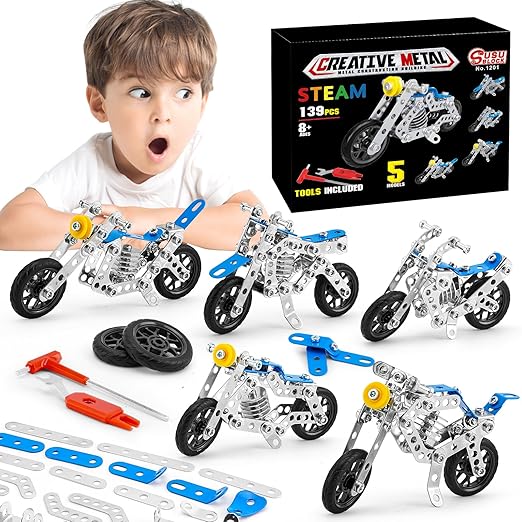 140-Piece Erector Set Motorcycle Model,Stem Building Projects Toys for Kids 8 9 10 11 12+ Year Old,Metal Building Construction Motobike Model kit, Best Birthday Gift for Motorcycle Model Fans