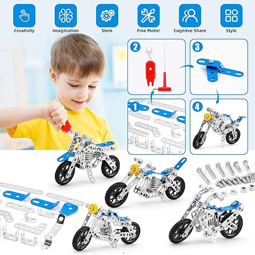 140-Piece Erector Set Motorcycle Model,Stem Building Projects Toys for Kids 8 9 10 11 12+ Year Old,Metal Building Construction Motobike Model kit, Best Birthday Gift for Motorcycle Model Fans