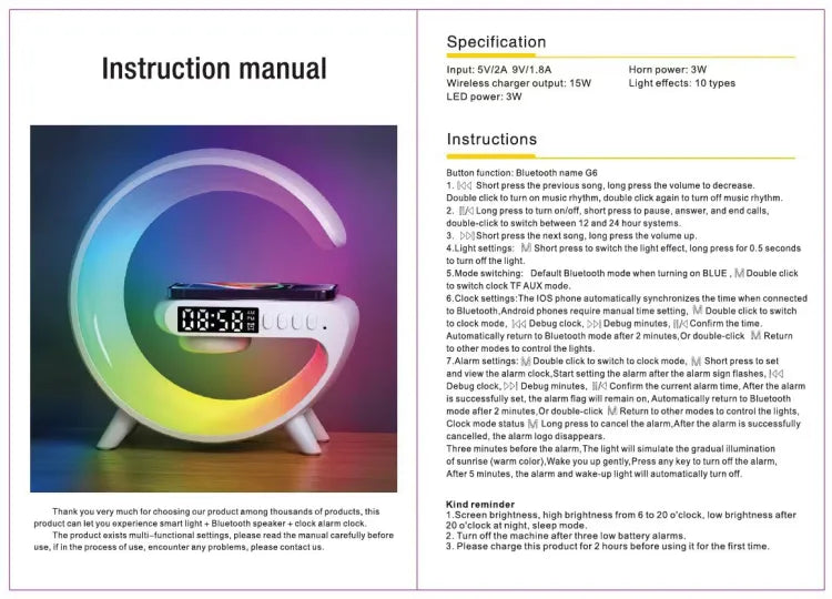 G500 G Shaped Lamp - Bluetooth Speaker For PC & Mobile - 15W Wireless Charger - Digital Alarm Clock - Mini Portable Speaker - Lamp For Bedroom Side Table & Study Table - Night Light - Show Piece For Room Decoration
