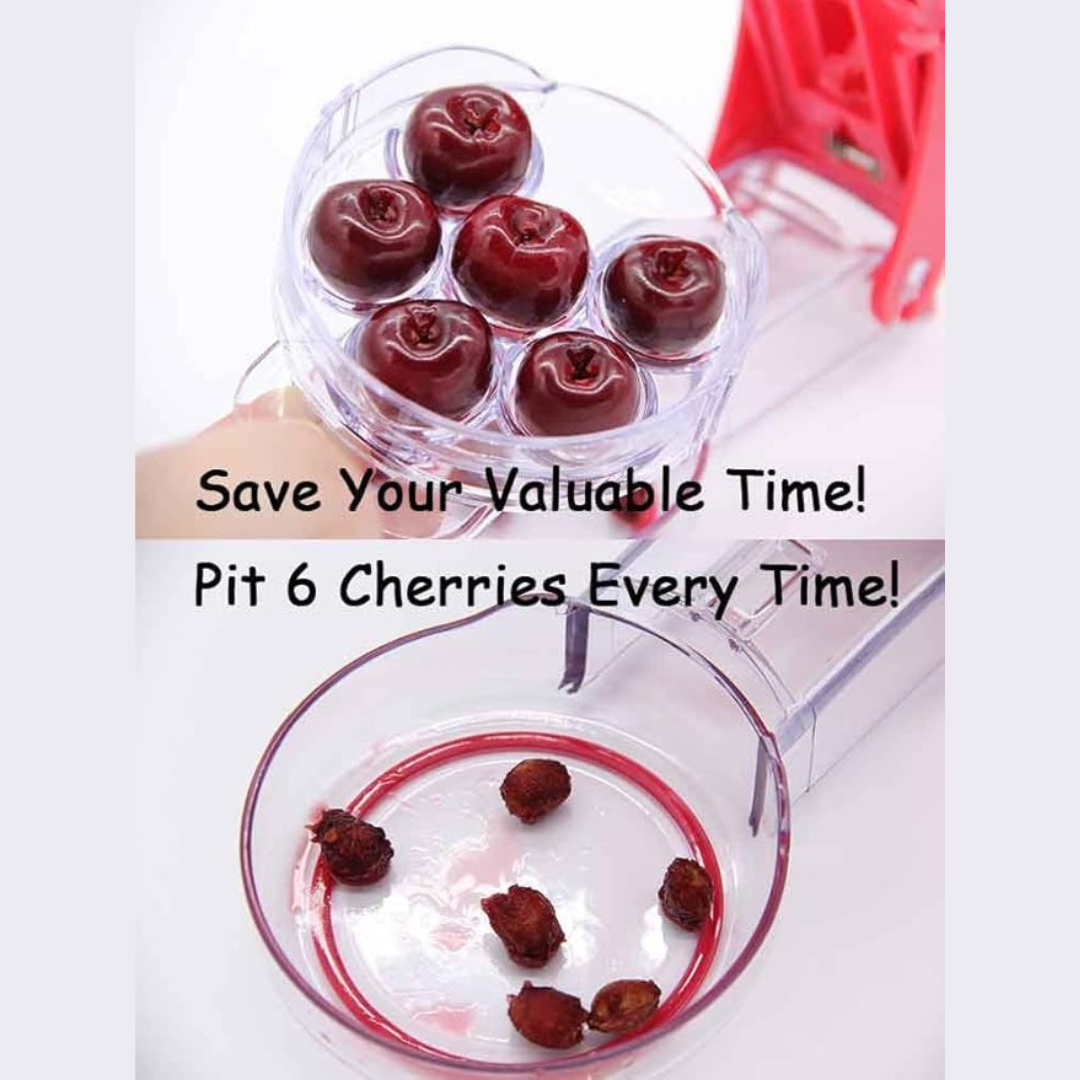Cherry Pitter - 6 Cherries, Professional Cherry Stone Remover With Pits And Juice Container By Myliffri Fruit Tools For Making Cherry Pie And Jam, Red Color