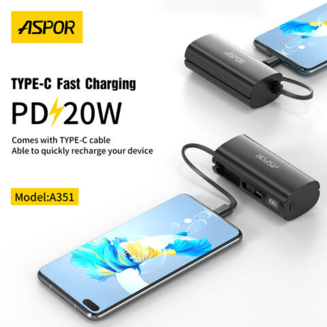 aspor A351 2in1 Iphone & Type-C Flexible Portable Mini 5000mah Power Bank