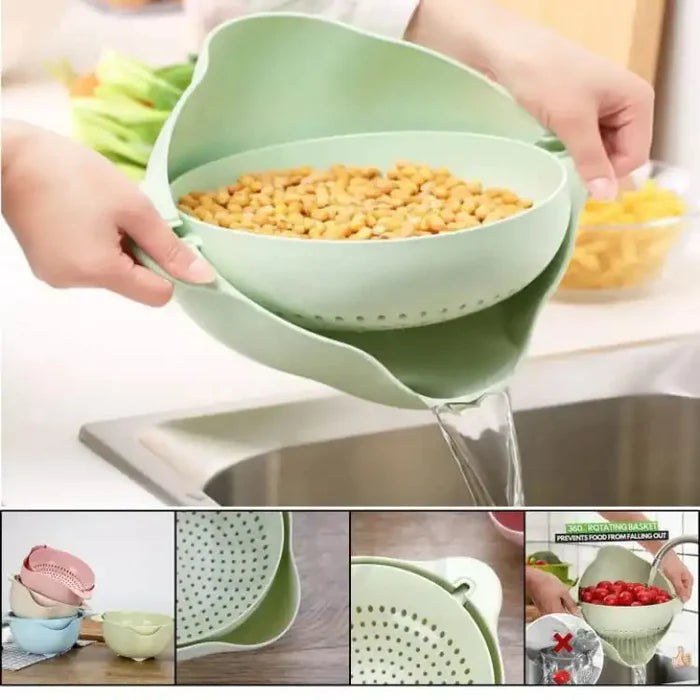 DOUBLE DRAIN BASKET 360° ROTATION DETACHABLE ROUND PLASTIC KITCHEN WASHING RICE SIEVE FRUIT VEGETABLE STORAGE BASKETS