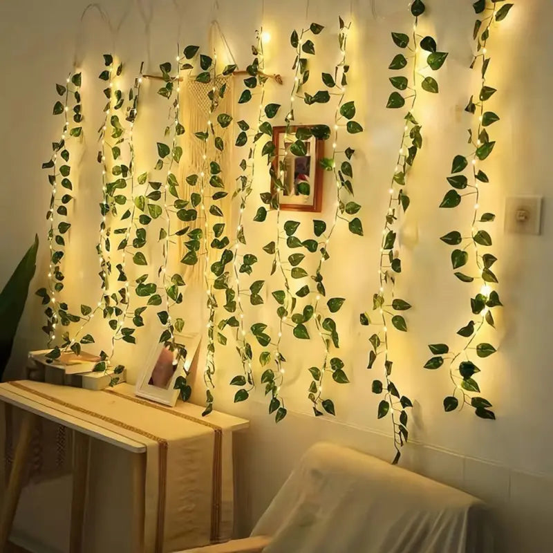 1pc LED Green Leaf Fake Plants String Lights, (2m/6.56ft 20 Led)