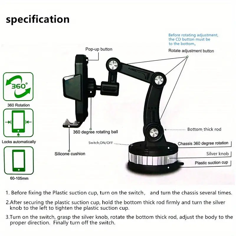 360° Telescopic Rotary Adjustable Universal Mobile Phone Holder with Shockproof Large Support and Washable Strong Adhesive Gel Pad, for Return School