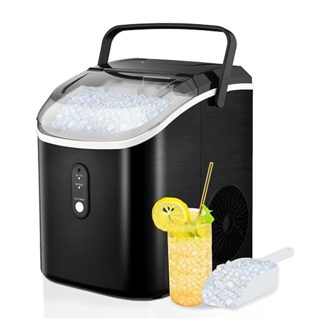 Portable Nugget Ice Maker CounterTop, 33Lbs/24Hrs Chewable Pebble Ice, Auto Self Cleaning, Crushed Pellet Ice Cubes Maker Machine with Handle, Compact Design for Home/Kitchen/Camping/RV