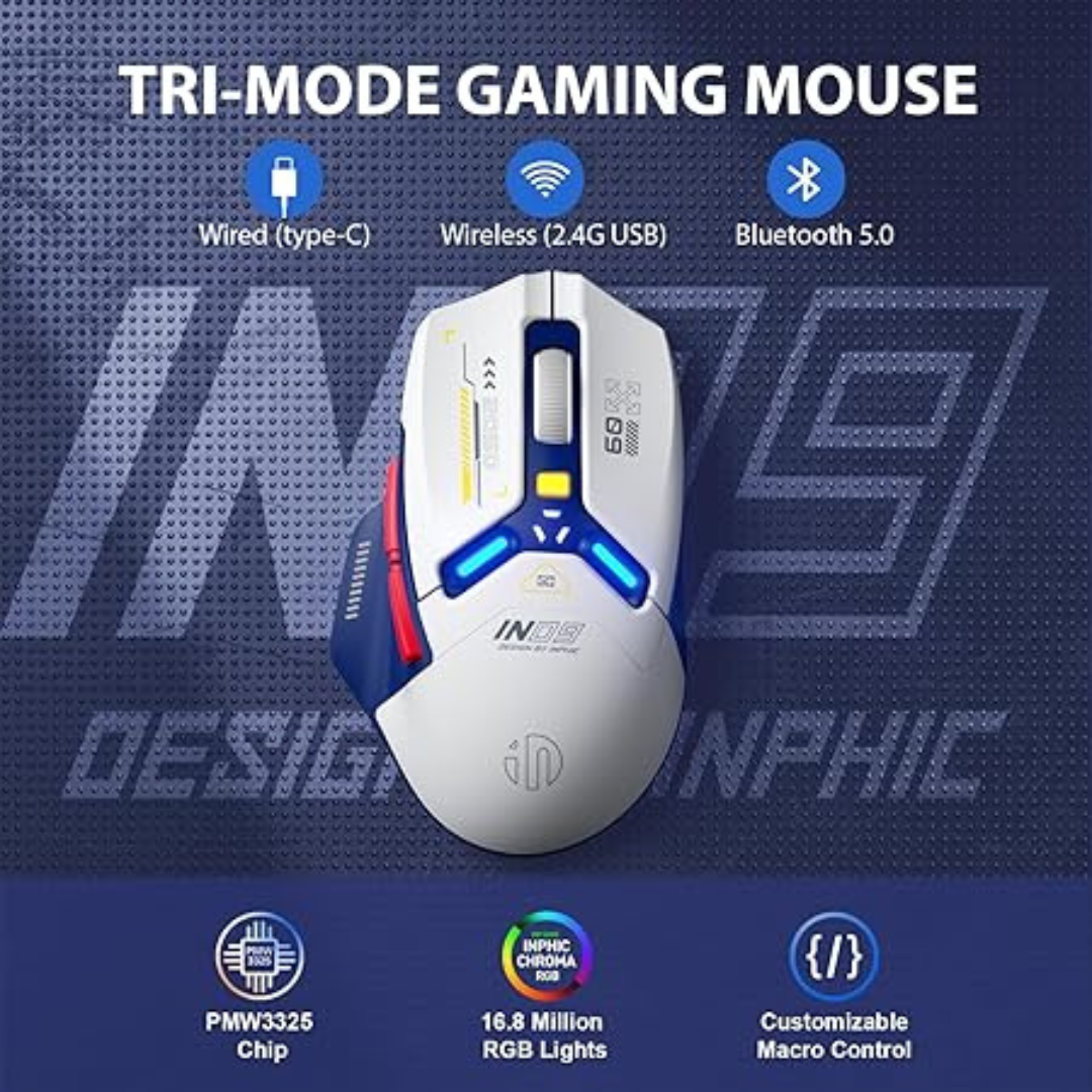 INPHIC IN9 Wireless Gaming Mouse, True Tri-Mode Bluetooth/Type-CWired/2.4G, 10000 DPL, Fully Programmable, RGB Backlight, Rechargeable Wireless Mouse for Laptop