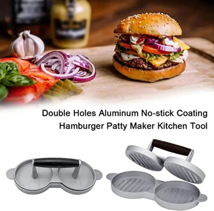 Non-stick Double burger press, Aluminum round manual Hamburger press, Burger patties, Patty press, burger maker, wooden handle, grill accessories, stainless steel, grilling kitchen, beef, turkey, gas grill, kitchen tool, gifts for men.