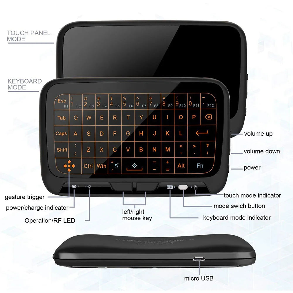 LED Mini Wireless Keyboard Backlit Full Screen Mouse Touchpad Combo Rechargeable Remote Control for PC,Android Tv Box,HTPC Orange & Green 2.4GHZ