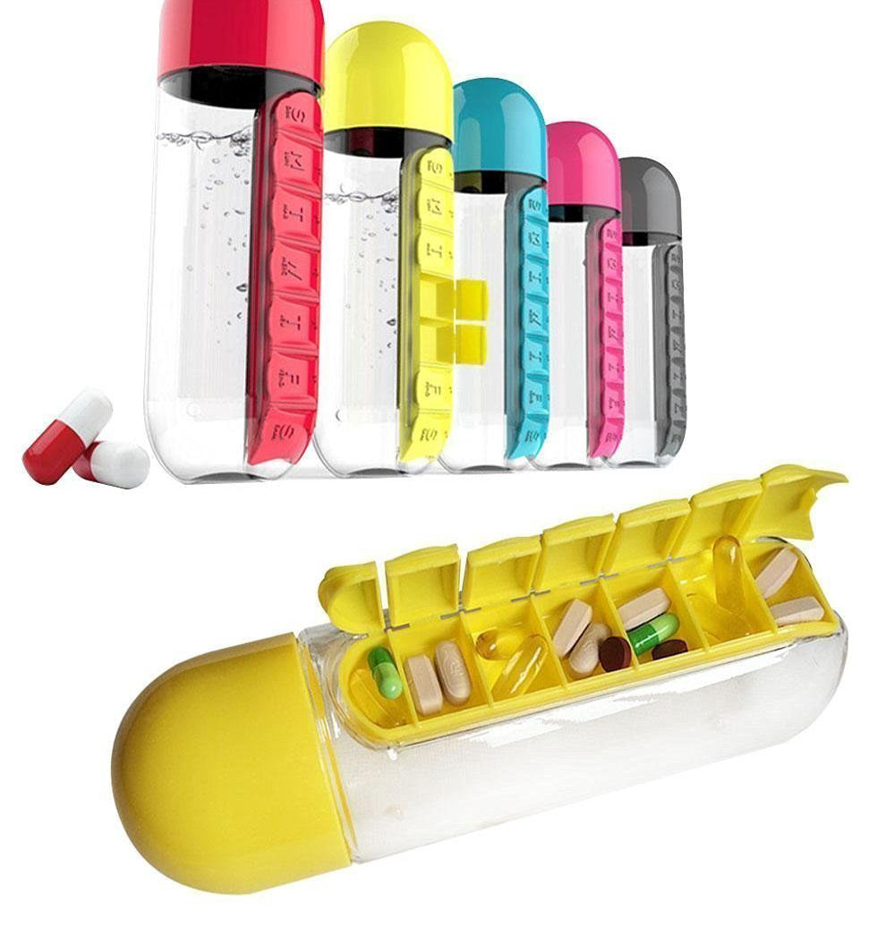 Water Bottle 600ml With Weekly Pill Organizer Box 2 In 1 (Medicine Storage) For Sports Men/Women/Kids