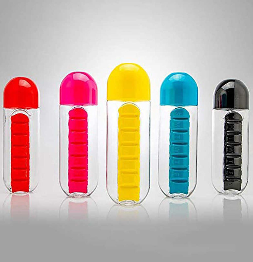 Water Bottle 600ml With Weekly Pill Organizer Box 2 In 1 (Medicine Storage) For Sports Men/Women/Kids