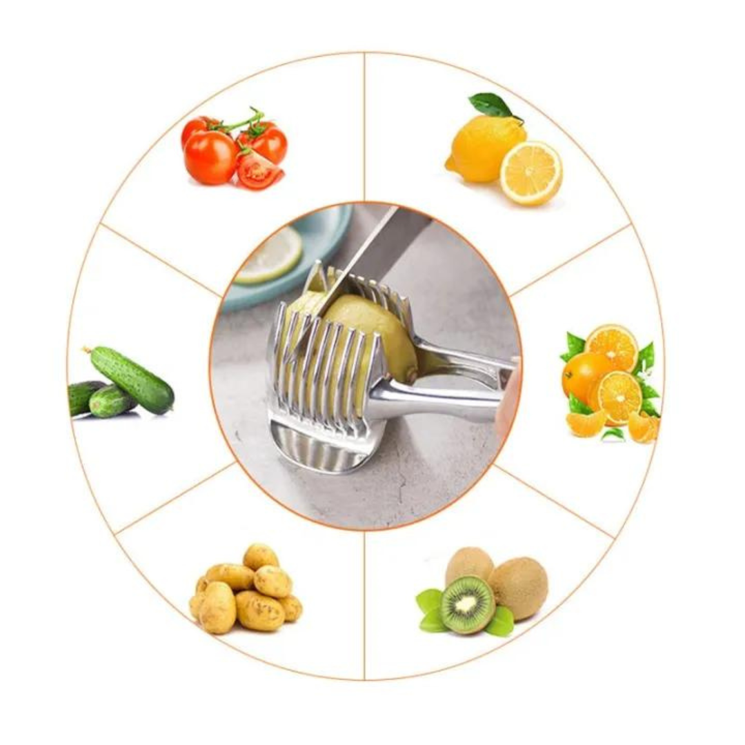 Kitchen Gadgets Handy Stainless Steel Onion Holder Potato Tomato Slicer Vegetable Fruit Cutter Safety Cooking Tools Accessories-green