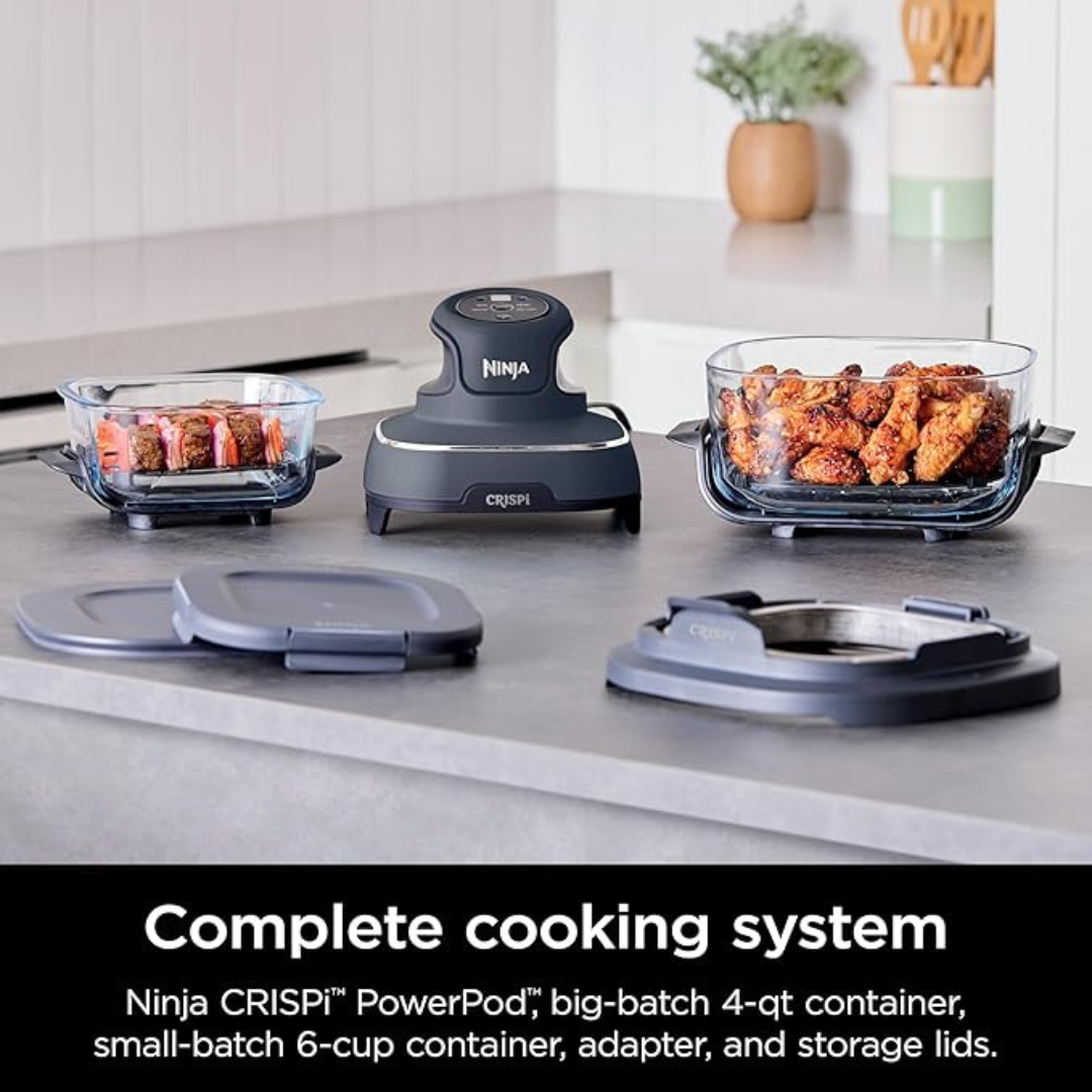 Ninja Crispi - Portable Cooking System with Crispi PowerPod, 6-Cup and 4-Quart TempWare Glassware, Thermal Shock Resistant, Storage Lids, Microwave Safe