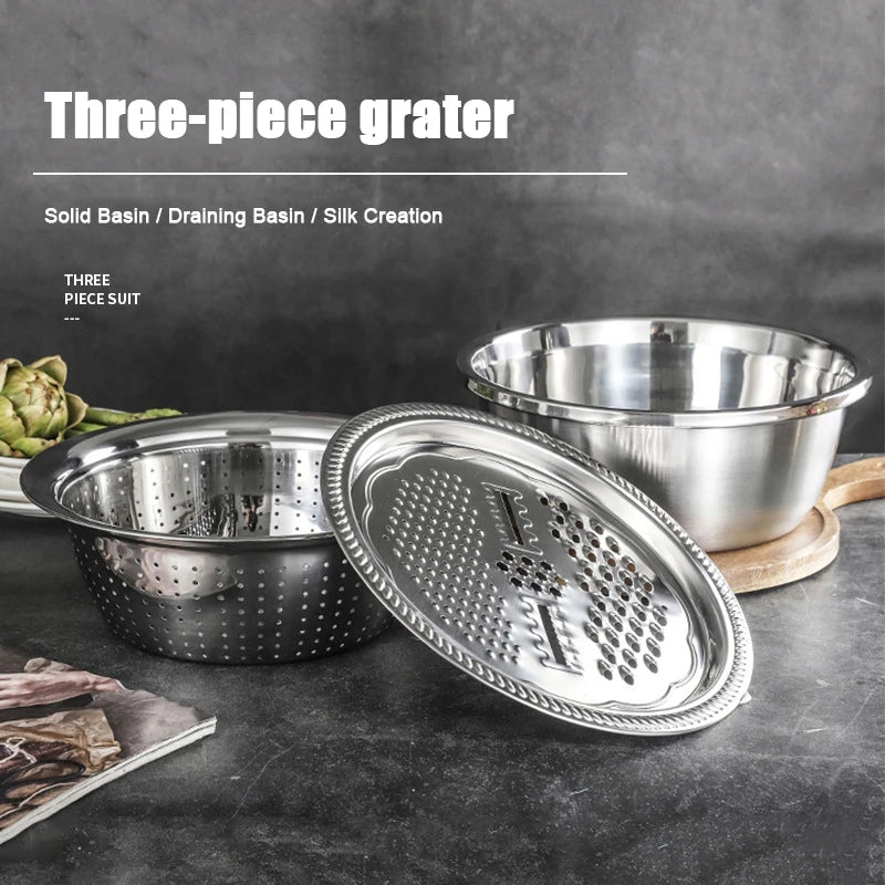 3 In 1 Multifunctional Kitchen Grater Stainless Steel Vegetable Slicer Vegetable Cutter Drain Basket Fruit Drain Basin Set