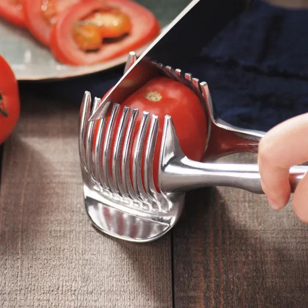 Kitchen Gadgets Handy Stainless Steel Onion Holder Potato Tomato Slicer Vegetable Fruit Cutter Safety Cooking Tools Accessories-green
