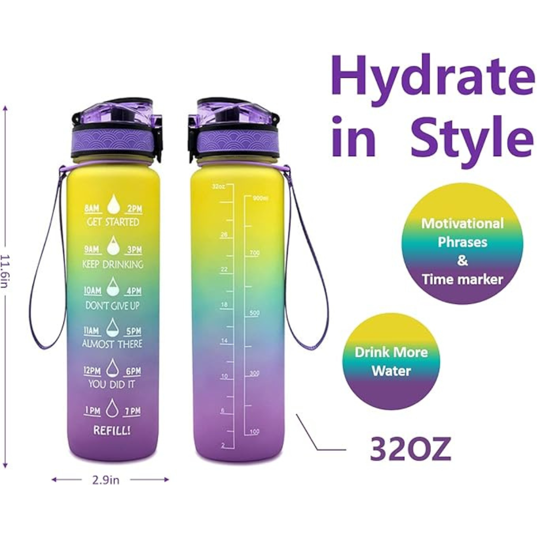 Giotto 32oz Leakproof BPA Free Drinking Water Bottle with Time Marker and Straw to Ensure You Drink Enough Water Throughout the Day for Fitness Enthusiasts and Outdoors