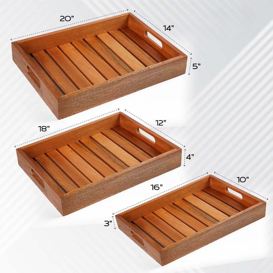 Large Wooden Serving Tray with Handles, Serving Board, Cheese Platter | Wooden Catchall Tray | Rectangle Acacia Wood Tea Tray set of 3