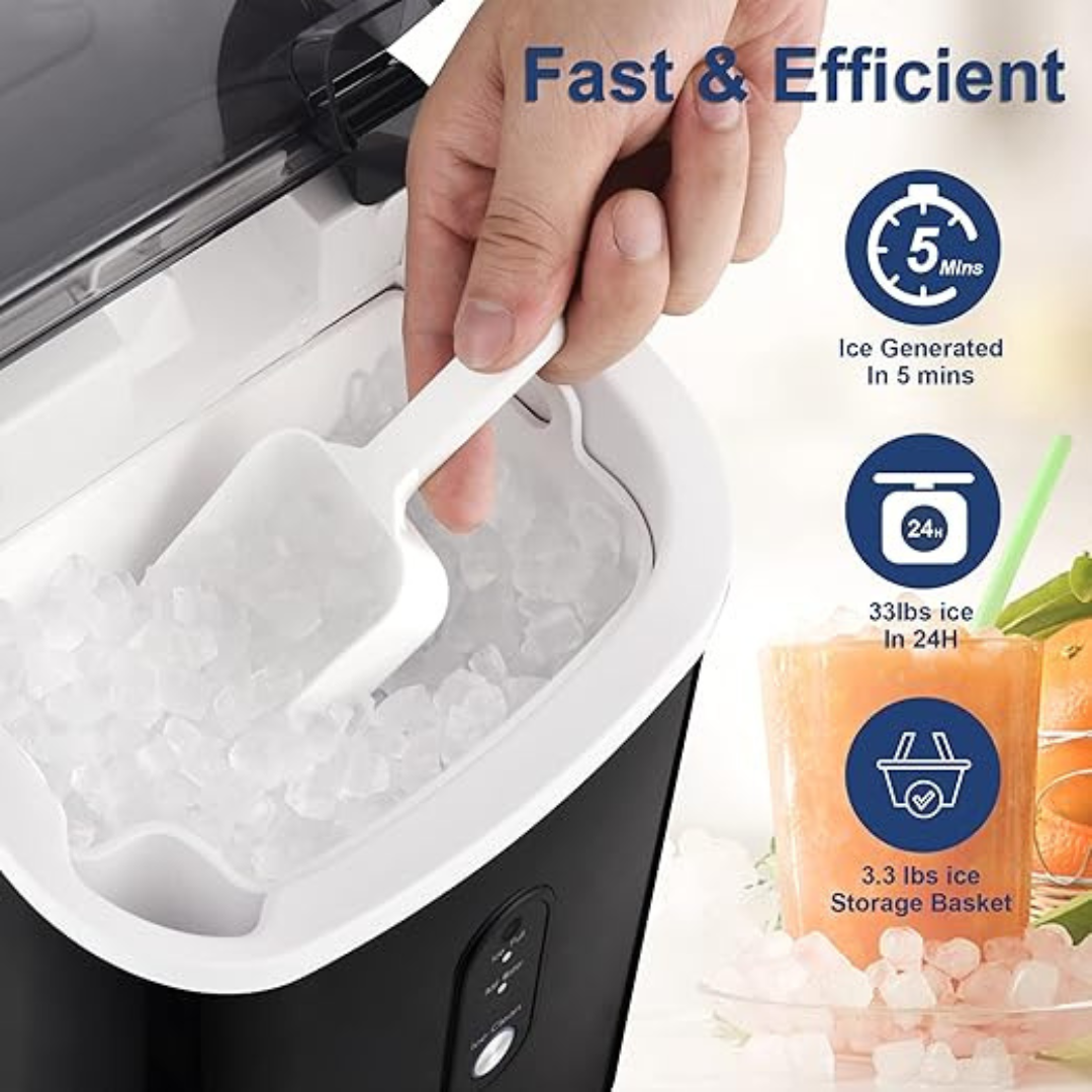 Portable Nugget Ice Maker CounterTop, 33Lbs/24Hrs Chewable Pebble Ice, Auto Self Cleaning, Crushed Pellet Ice Cubes Maker Machine with Handle, Compact Design for Home/Kitchen/Camping/RV