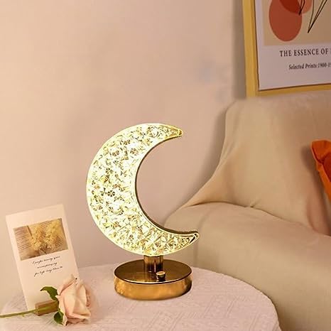 Crystal Table Lamp, Touch Control Lamp, 3 Color Crystal Light Lamp, Moon Shaped Night Light Crystal and Metal Base,Touch Sensor Bedside Decorative for Party, Bar, Living Room, Bedroom