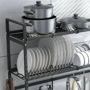 Classic 2 Tier Stainless Steel Dish Drainer Drying Rack Dish Rack Over Sink for Kitchen Countertop with Utensil Holder Hooks Standing Dish Drainer
