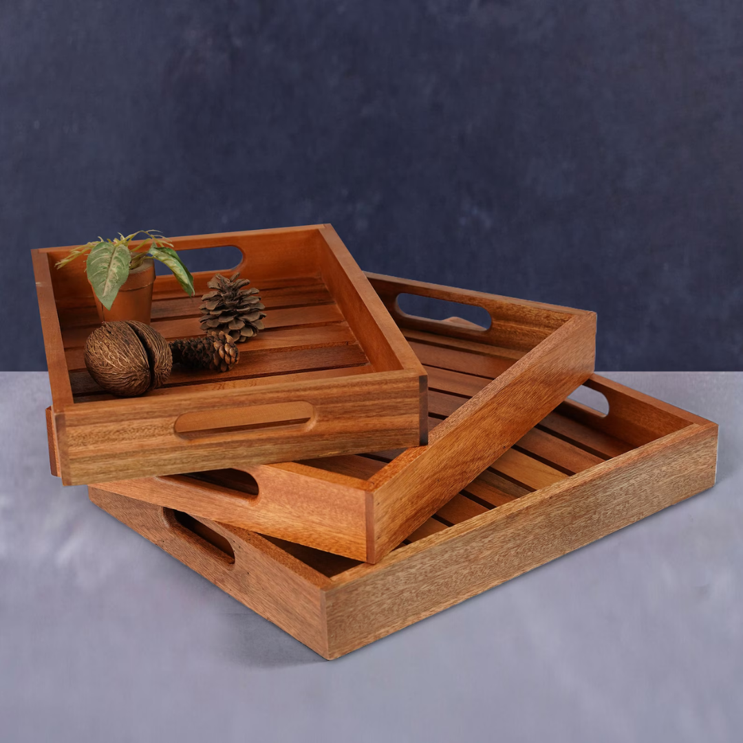 Large Wooden Serving Tray with Handles, Serving Board, Cheese Platter | Wooden Catchall Tray | Rectangle Acacia Wood Tea Tray set of 3