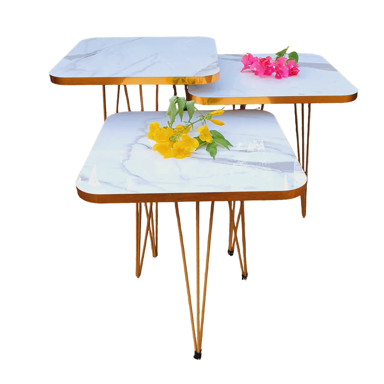 Square Metal Legs Table Set With Golden Border - 3 Pcs