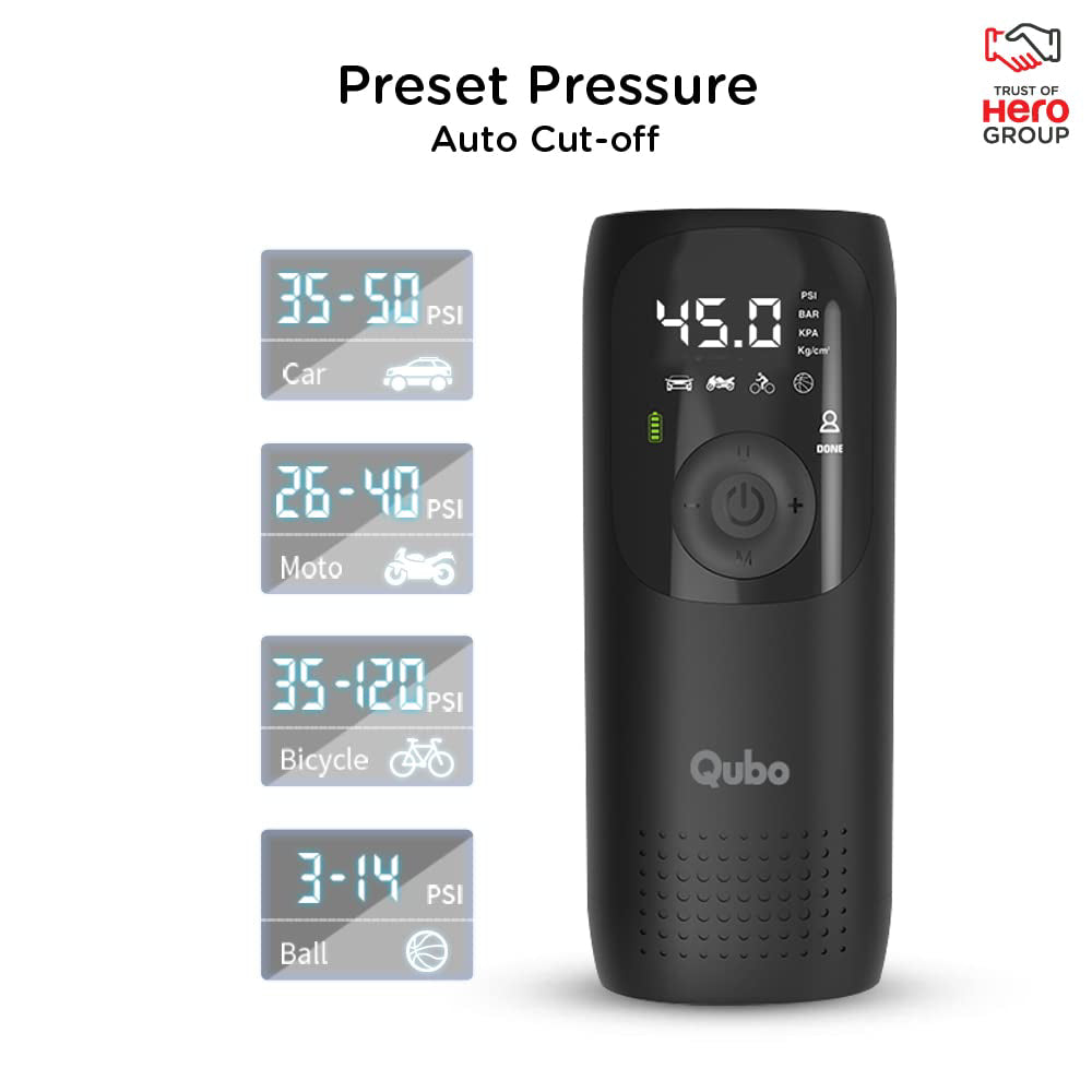 Qubo Smart Tyre Pressure Inflator with 150 PSI Air Pressure, 5 Smart Modes, Auto Cut Off, Pre-Set Pressure (Black)