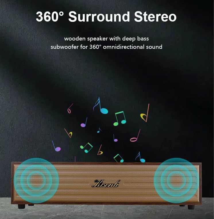 Kisonli G11A Wooden Sound Bar Bluetooth Speaker Pure and Clear Stereo Sound with Deep Bass, Memory Card Input, USB Flash Input, AUX Input, Support FM Radio