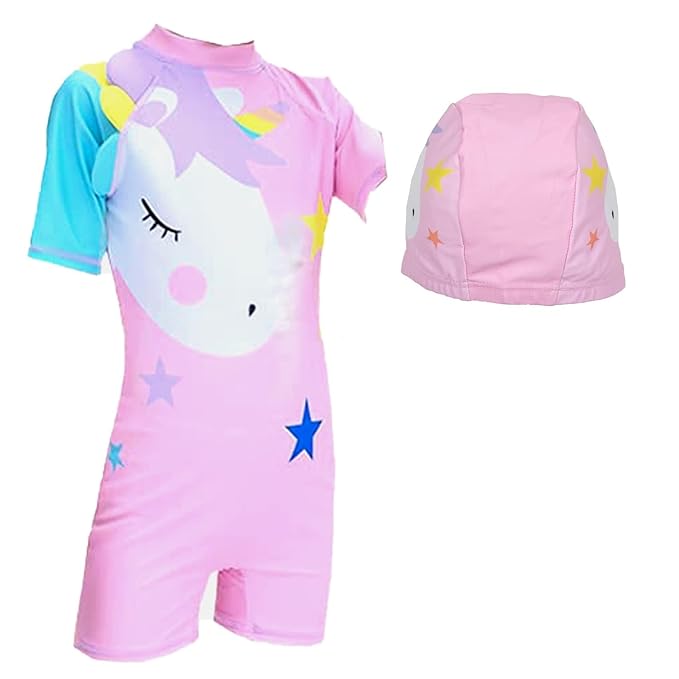 Baby & Sons Swimsuits for Kids | One Piece Children Swimwear Swimming Costumes for Girls and Boys | Boys and Girls Pool Clothes Beachwear Swimming Costume with Swim Cap (4-6 Years, Unicorn - Pink)