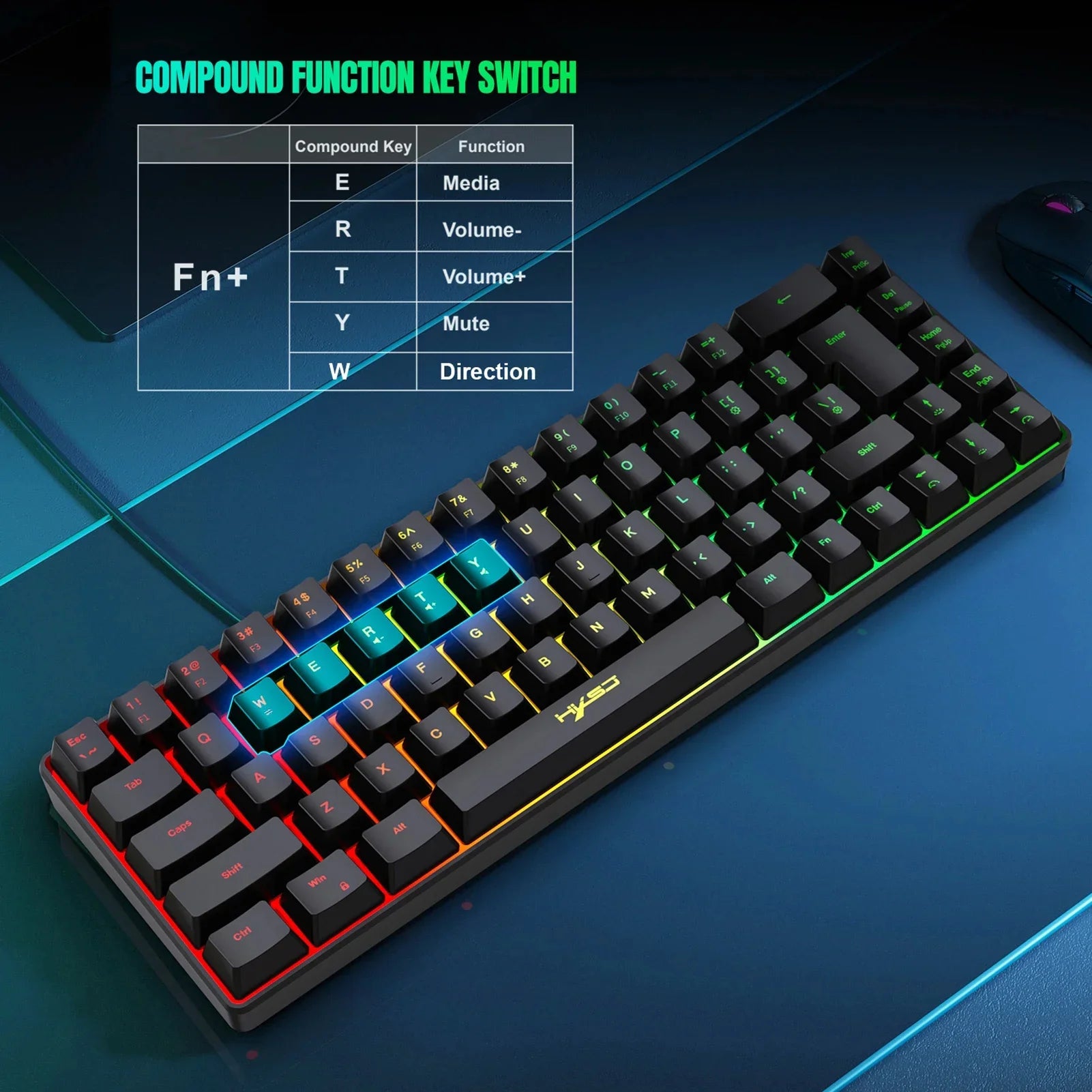 MUCAI MK61 USB Gaming Mechanical Keyboard – 61 Keys, Red Switch, RGB Backlit, Hot-Swappable with Hooks