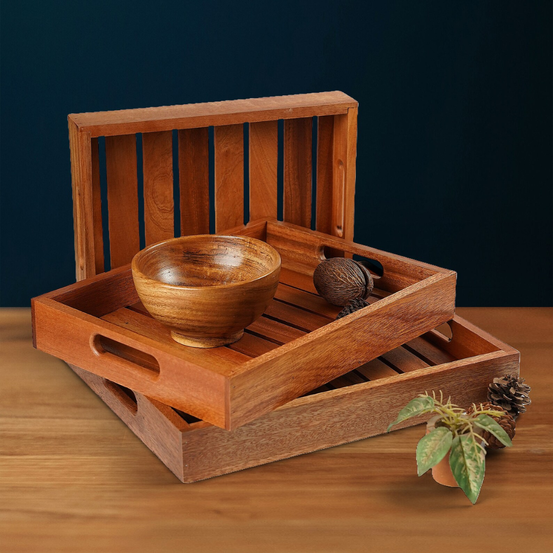 Large Wooden Serving Tray with Handles, Serving Board, Cheese Platter | Wooden Catchall Tray | Rectangle Acacia Wood Tea Tray set of 3