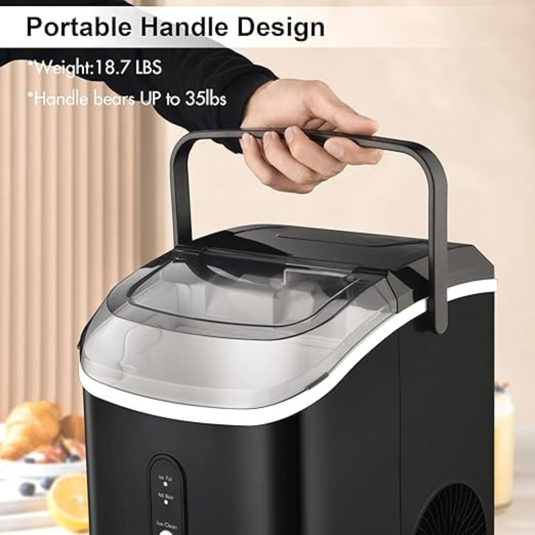 Portable Nugget Ice Maker CounterTop, 33Lbs/24Hrs Chewable Pebble Ice, Auto Self Cleaning, Crushed Pellet Ice Cubes Maker Machine with Handle, Compact Design for Home/Kitchen/Camping/RV