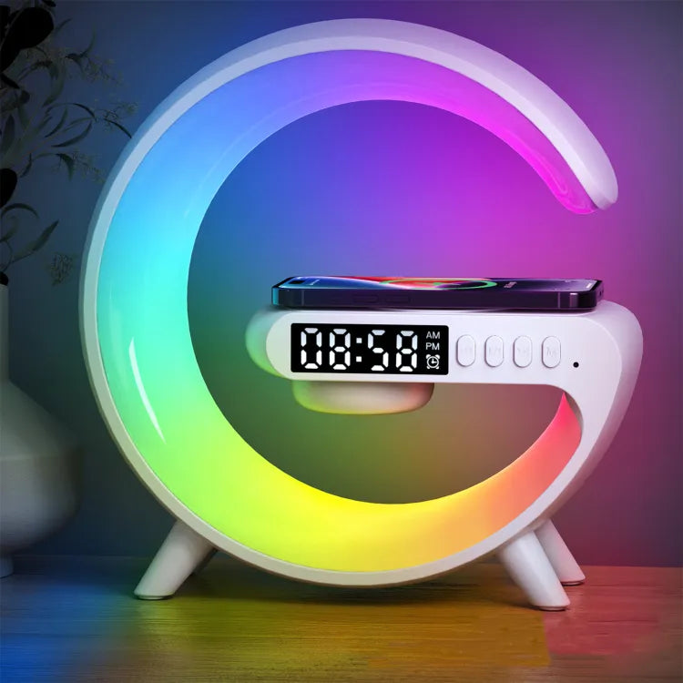 G500 G Shaped Lamp - Bluetooth Speaker For PC & Mobile - 15W Wireless Charger - Digital Alarm Clock - Mini Portable Speaker - Lamp For Bedroom Side Table & Study Table - Night Light - Show Piece For Room Decoration