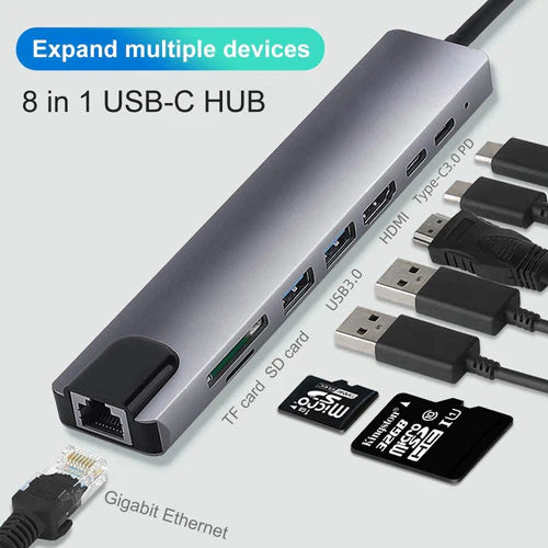 8 IN1 MULTI-PORT TYPE C TO USB C 4K HDMI ADAPTER USB HUB NETFLIX & YOUTUBE SUPPORTED