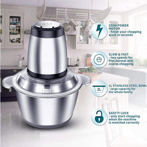 Electric Meat Processor, 2L Stainless Steel Food Processor, 8-Cup Food Chopper with 4 Sharp Blades and Steel Bowl Meat Grinder for Meat, Onion, Vegetables, Fruits, Nuts(250W)