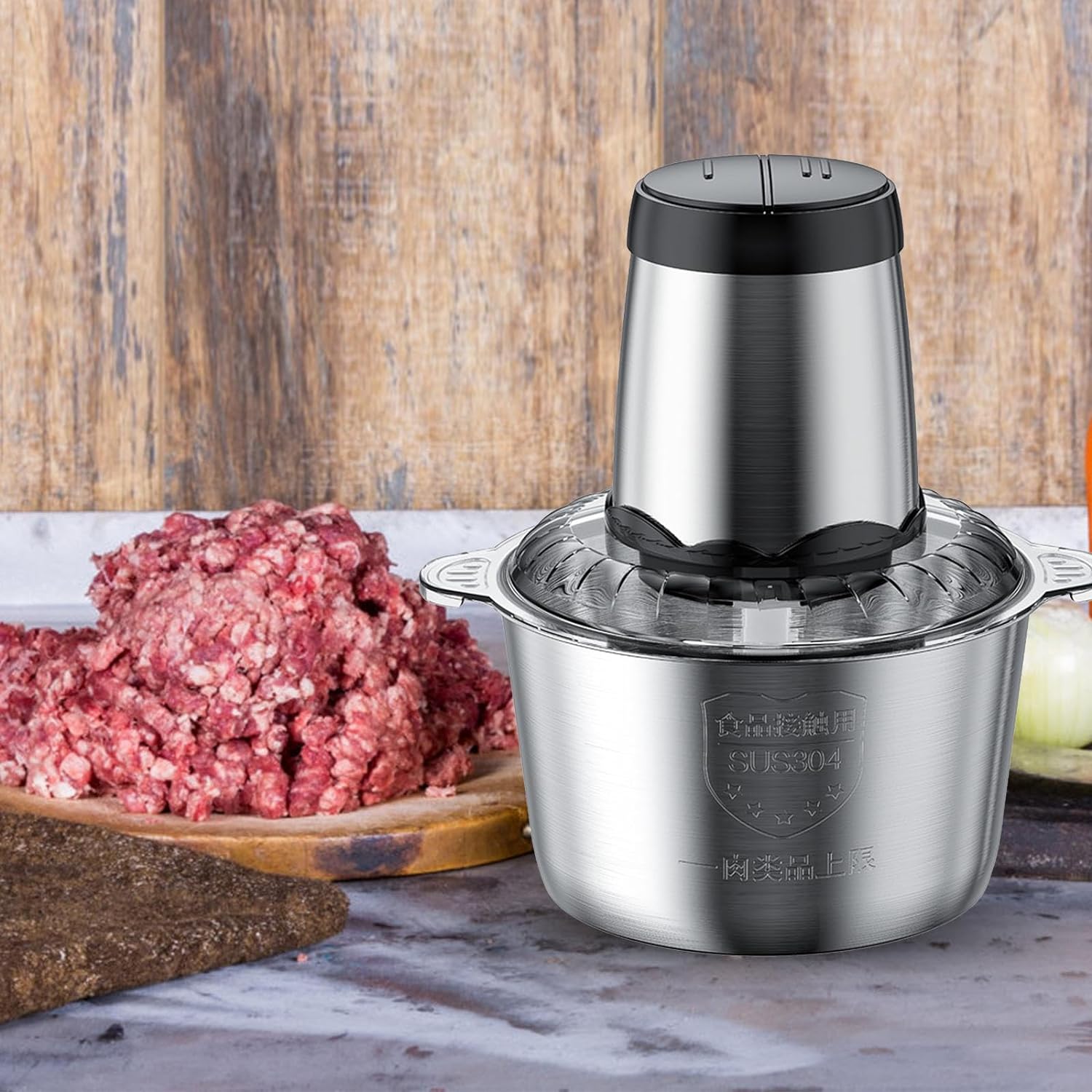 Electric Meat Processor, 2L Stainless Steel Food Processor, 8-Cup Food Chopper with 4 Sharp Blades and Steel Bowl Meat Grinder for Meat, Onion, Vegetables, Fruits, Nuts(250W)