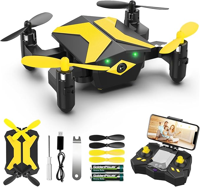 Mini Drone with Camera Drones for Kids Beginners, RC Quadcopter with App FPV Video, Voice Control, Altitude Hold, Headless Mode, Trajectory Flight, Foldable Kids Drone Boys Gifts Girls Toys-Yellow