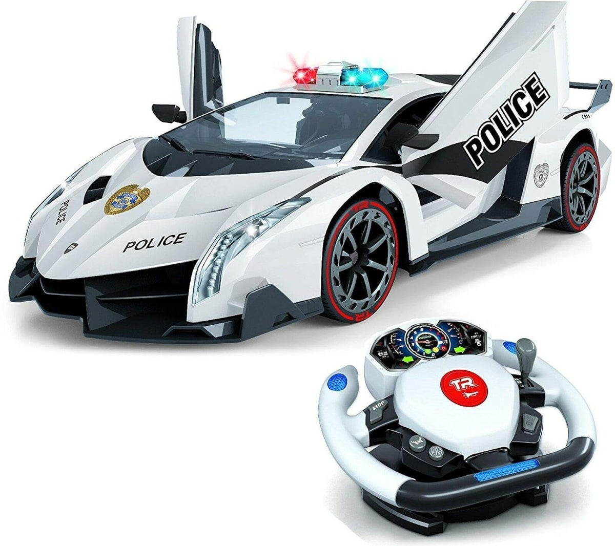 Remote Control Police Car, 4D Motion Gravity and Steering Wheel Control, 1: 12 Scale, 2. 4Ghz, with Lights, Sirens, Powered Doors