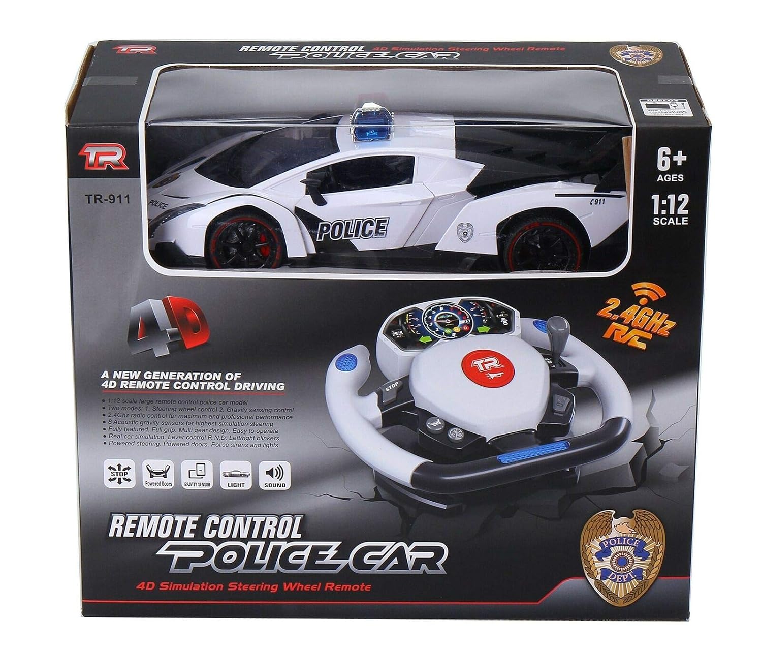 Remote Control Police Car, 4D Motion Gravity and Steering Wheel Control, 1: 12 Scale, 2. 4Ghz, with Lights, Sirens, Powered Doors