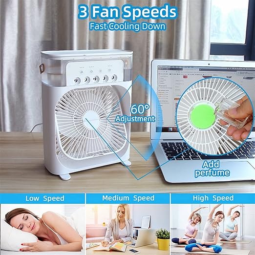 Portable Air Conditioner Fan, Mini Evaporative Air Cooler with 7 Colors LED Light, 1/2/3 H Timer, 3 Wind Speeds and 3 Spray Modes for Your Desk, Nightstand, or Coffee Table