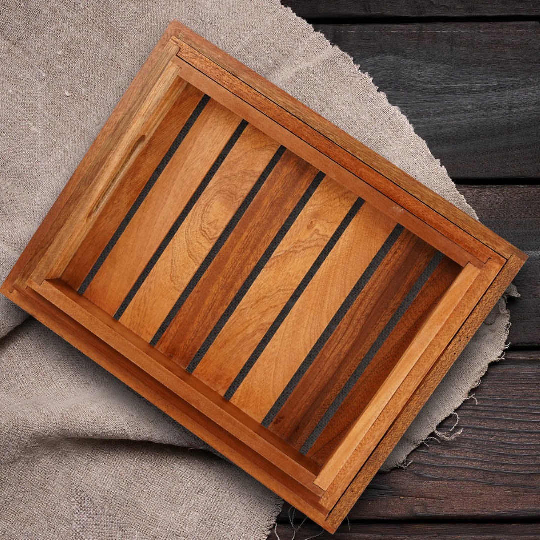 Large Wooden Serving Tray with Handles, Serving Board, Cheese Platter | Wooden Catchall Tray | Rectangle Acacia Wood Tea Tray set of 3