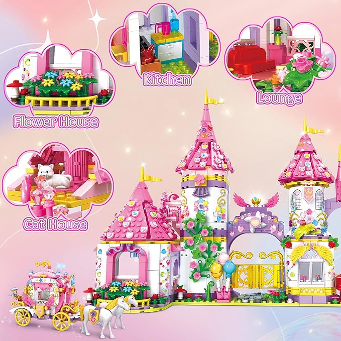 Girls Castle Princess Building Sets, Girl Dream House Princess Castle Building Blocks Kit with DIY Diamond Stickers STEM Toy Fantasy Gifts for Kids Age 6-12 Years Old (1460 PCS)