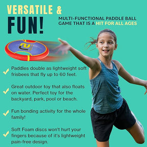 Bouncy Paddle Ball Game & Frisbee Disc: Outdoor Games for Kids Frisbees Toss and Catch Stringy Balls Set for Yard Games, Beach Games & Pool Outside Toys for Kids ALL AGES. Toy Gifts for Boys & Girls