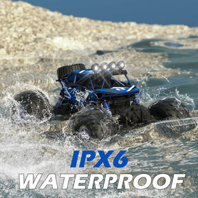 1:10 Big Amphibious RC Truck, IPX6 Waterproof 20 Km/h 4x4 Off-Road RC Rock Crawler, RC Monster Truck with Al alloy shell & LED Light, 2.4GHz All Terrain RC Cars with 2 Batteries 100Mins Play (Blue)