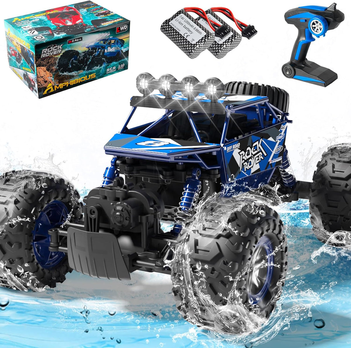 1:10 Big Amphibious RC Truck, IPX6 Waterproof 20 Km/h 4x4 Off-Road RC Rock Crawler, RC Monster Truck with Al alloy shell & LED Light, 2.4GHz All Terrain RC Cars with 2 Batteries 100Mins Play (Blue)